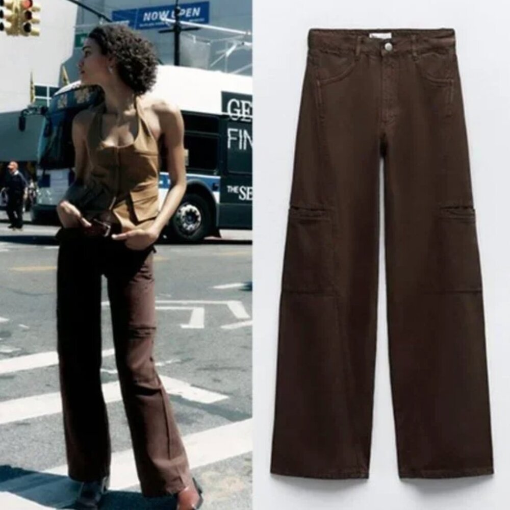 NWT ZARA CARGO JEANS BROWN